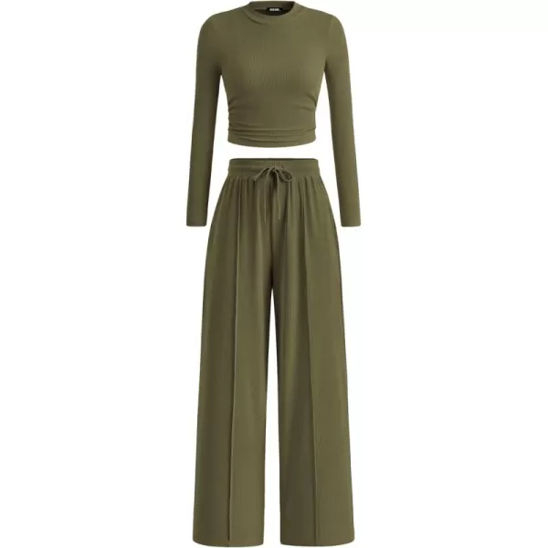 BTFBM Casual 2 Piece Sets For Women Fall Outfits Ribbed Knit Long Sleeve Crop Top Wide Leg Pants Matching Lounge SetSolid Army Green