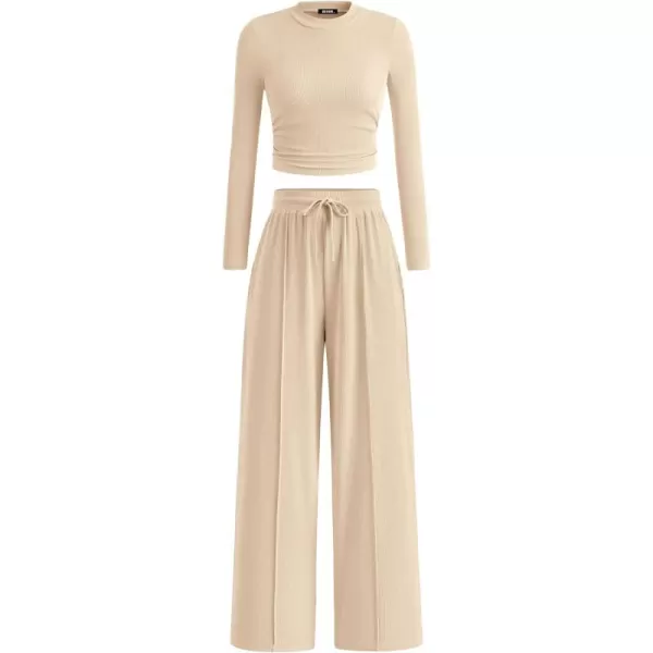 BTFBM Casual 2 Piece Sets For Women Fall Outfits Ribbed Knit Long Sleeve Crop Top Wide Leg Pants Matching Lounge SetSolid Beige