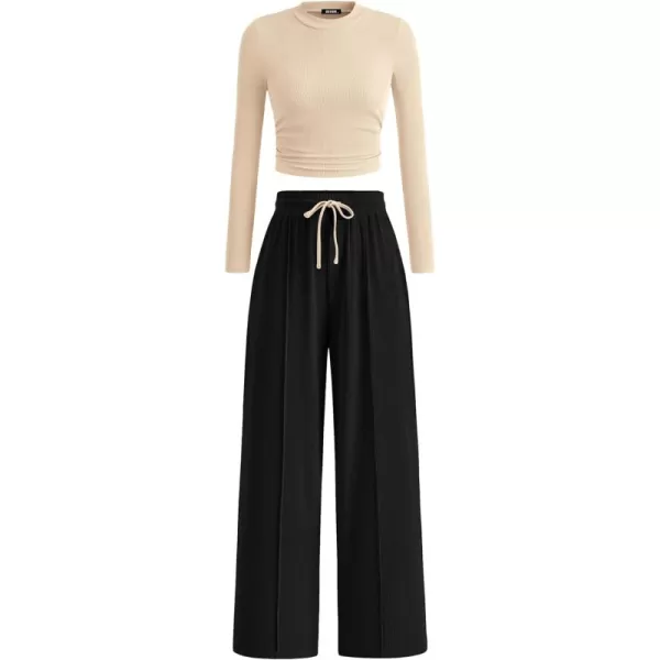BTFBM Casual 2 Piece Sets For Women Fall Outfits Ribbed Knit Long Sleeve Crop Top Wide Leg Pants Matching Lounge SetSolid Beige Black