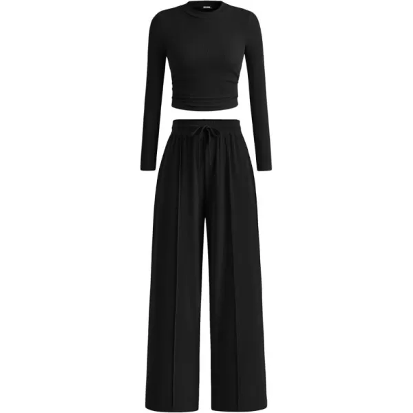 BTFBM Casual 2 Piece Sets For Women Fall Outfits Ribbed Knit Long Sleeve Crop Top Wide Leg Pants Matching Lounge SetSolid Black