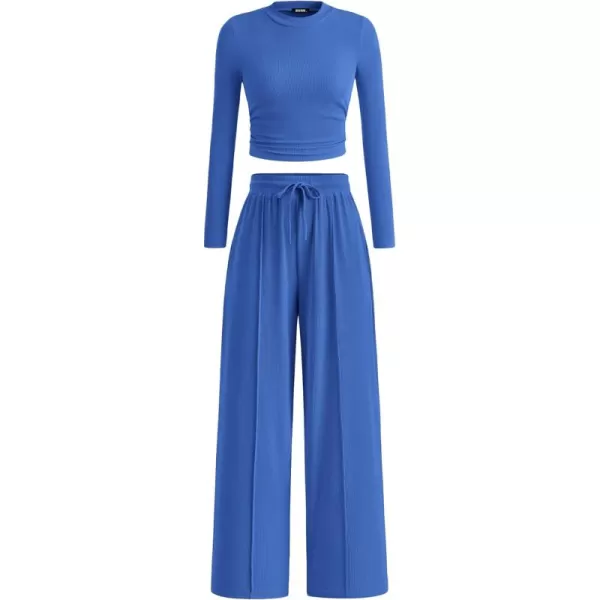 BTFBM Casual 2 Piece Sets For Women Fall Outfits Ribbed Knit Long Sleeve Crop Top Wide Leg Pants Matching Lounge SetSolid Blue