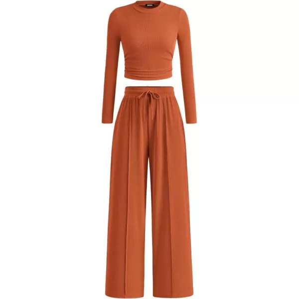 BTFBM Casual 2 Piece Sets For Women Fall Outfits Ribbed Knit Long Sleeve Crop Top Wide Leg Pants Matching Lounge SetSolid Brick Red