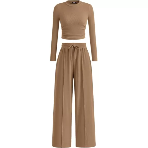 BTFBM Casual 2 Piece Sets For Women Fall Outfits Ribbed Knit Long Sleeve Crop Top Wide Leg Pants Matching Lounge SetSolid Camel