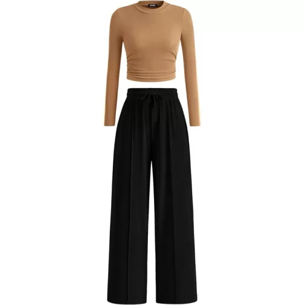 BTFBM Casual 2 Piece Sets For Women Fall Outfits Ribbed Knit Long Sleeve Crop Top Wide Leg Pants Matching Lounge SetSolid Camel Black