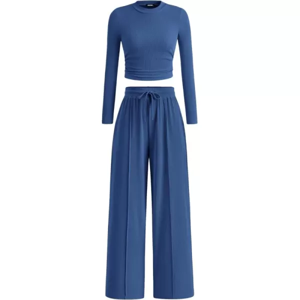 BTFBM Casual 2 Piece Sets For Women Fall Outfits Ribbed Knit Long Sleeve Crop Top Wide Leg Pants Matching Lounge SetSolid Dark Blue