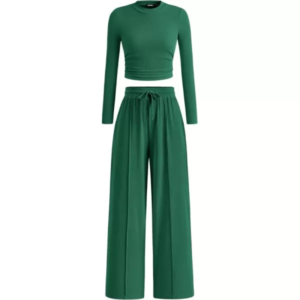 BTFBM Casual 2 Piece Sets For Women Fall Outfits Ribbed Knit Long Sleeve Crop Top Wide Leg Pants Matching Lounge SetSolid Dark Green