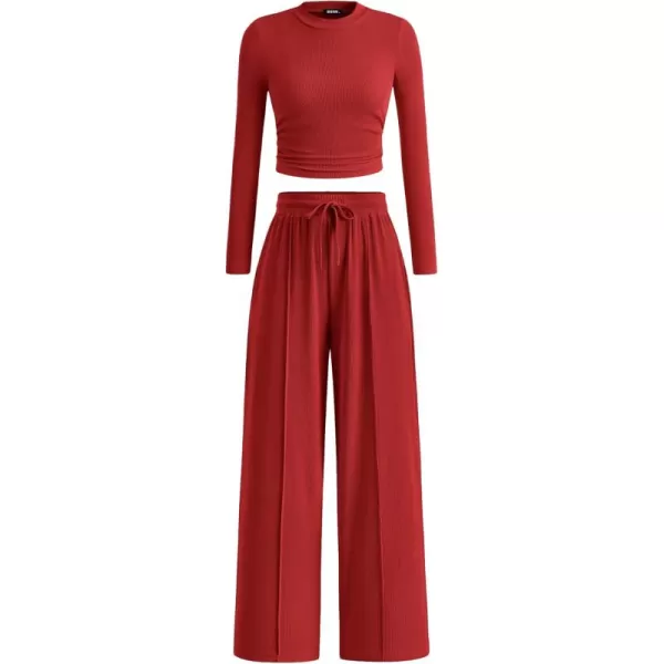 BTFBM Casual 2 Piece Sets For Women Fall Outfits Ribbed Knit Long Sleeve Crop Top Wide Leg Pants Matching Lounge SetSolid Fiery Red