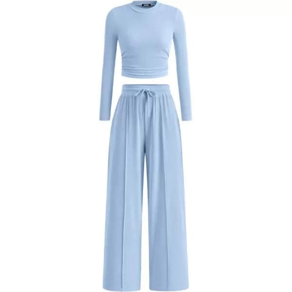 BTFBM Casual 2 Piece Sets For Women Fall Outfits Ribbed Knit Long Sleeve Crop Top Wide Leg Pants Matching Lounge SetSolid Light Blue