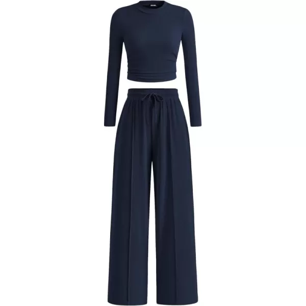 BTFBM Casual 2 Piece Sets For Women Fall Outfits Ribbed Knit Long Sleeve Crop Top Wide Leg Pants Matching Lounge SetSolid Navy