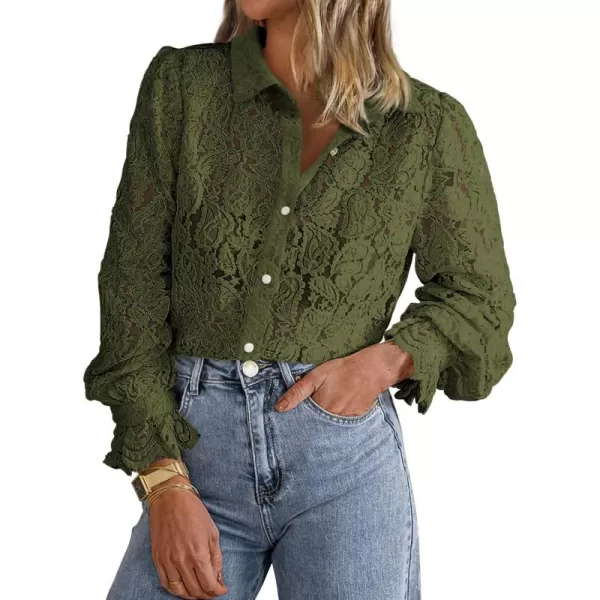 BTFBM Long Sleeve Lace Blouses for Women Dressy Casual Button Down Shirts Date Night Outfit Club Party Tops Shirt BlouseArmy Green