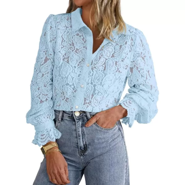 BTFBM Long Sleeve Lace Blouses for Women Dressy Casual Button Down Shirts Date Night Outfit Club Party Tops Shirt BlouseLight Blue