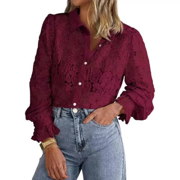 BTFBM Long Sleeve Lace Blouses for Women Dressy Casual Button Down Shirts Date Night Outfit Club Party Tops Shirt BlouseWine Red