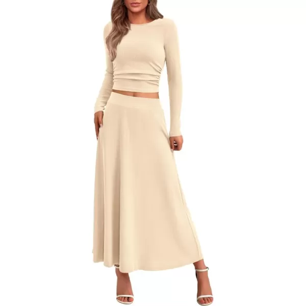 BTFBM Two Piece Skirt Sets For Women 2024 Trendy Fall Outfits Ribbed Knit Long Sleeve Crop Top Flowy Midi Skirt SetSolid Apricot