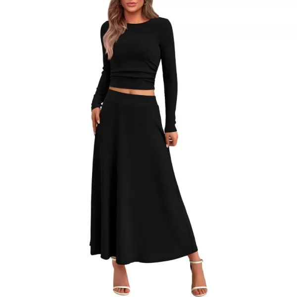 BTFBM Two Piece Skirt Sets For Women 2024 Trendy Fall Outfits Ribbed Knit Long Sleeve Crop Top Flowy Midi Skirt SetSolid Black