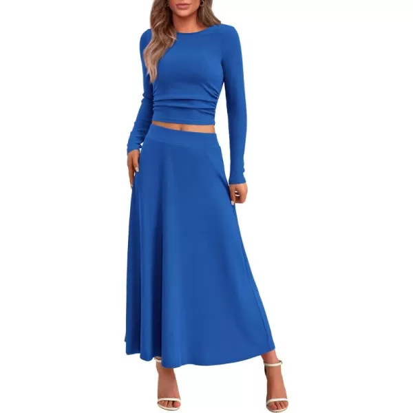 BTFBM Two Piece Skirt Sets For Women 2024 Trendy Fall Outfits Ribbed Knit Long Sleeve Crop Top Flowy Midi Skirt SetSolid Blue