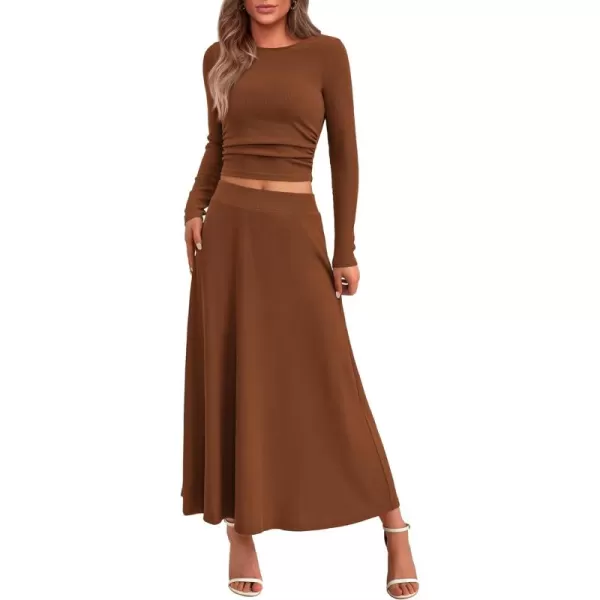 BTFBM Two Piece Skirt Sets For Women 2024 Trendy Fall Outfits Ribbed Knit Long Sleeve Crop Top Flowy Midi Skirt SetSolid Dark Brown