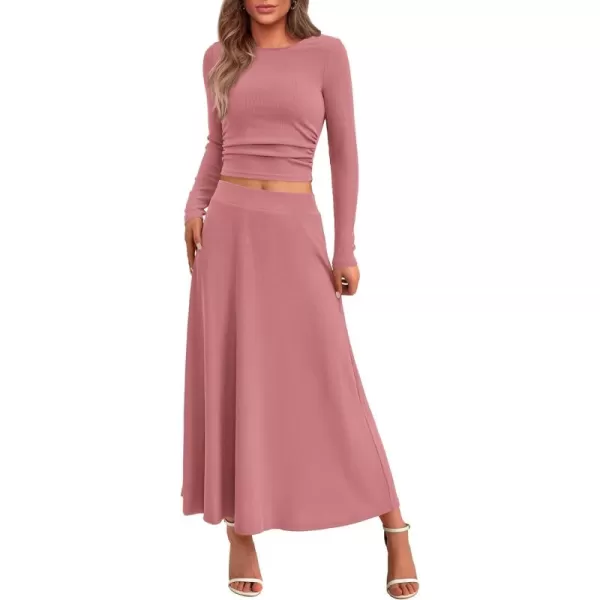BTFBM Two Piece Skirt Sets For Women 2024 Trendy Fall Outfits Ribbed Knit Long Sleeve Crop Top Flowy Midi Skirt SetSolid Dusty Pink