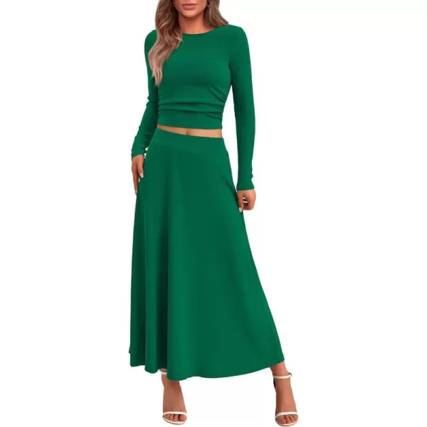 BTFBM Two Piece Skirt Sets For Women 2024 Trendy Fall Outfits Ribbed Knit Long Sleeve Crop Top Flowy Midi Skirt SetSolid Green