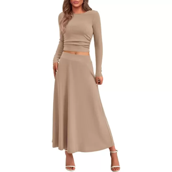 BTFBM Two Piece Skirt Sets For Women 2024 Trendy Fall Outfits Ribbed Knit Long Sleeve Crop Top Flowy Midi Skirt SetSolid Khaki