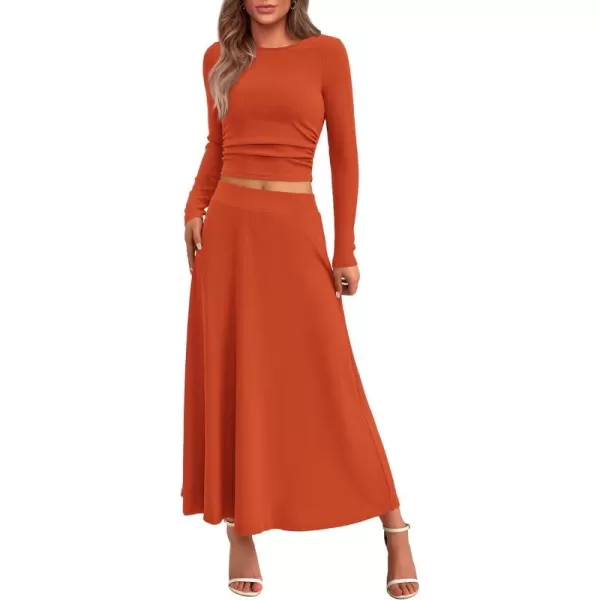 BTFBM Two Piece Skirt Sets For Women 2024 Trendy Fall Outfits Ribbed Knit Long Sleeve Crop Top Flowy Midi Skirt SetSolid Orange