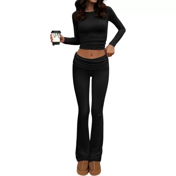 BTFBM Women 2 Piece Lounge Sets Fold Over Yoga Pants Long Sleeve Cropped Top Matching Set Two Piece Tracksuit PajamasSolid Black