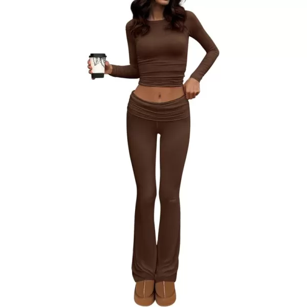 BTFBM Women 2 Piece Lounge Sets Fold Over Yoga Pants Long Sleeve Cropped Top Matching Set Two Piece Tracksuit PajamasSolid Coffee