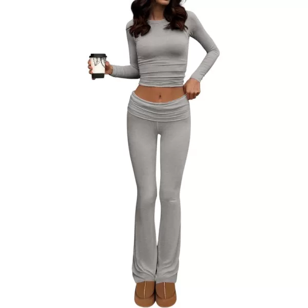 BTFBM Women 2 Piece Lounge Sets Fold Over Yoga Pants Long Sleeve Cropped Top Matching Set Two Piece Tracksuit PajamasSolid Grey