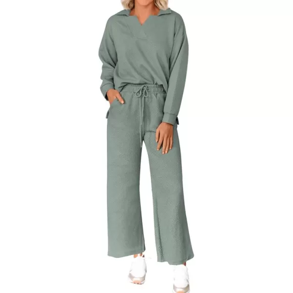 BTFBM Women 2 Piece Outfit 2024 Fall Winter Lapel V Neck Long Sleeve Pullover and Wide Leg Pants Lounge Sets PocketsSolid Bean Green
