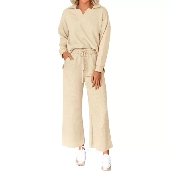 BTFBM Women 2 Piece Outfit 2024 Fall Winter Lapel V Neck Long Sleeve Pullover and Wide Leg Pants Lounge Sets PocketsSolid Beige