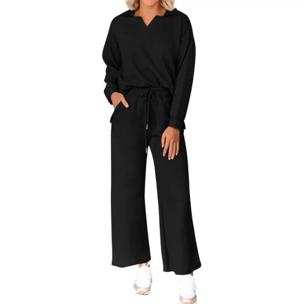 BTFBM Women 2 Piece Outfit 2024 Fall Winter Lapel V Neck Long Sleeve Pullover and Wide Leg Pants Lounge Sets PocketsSolid Black