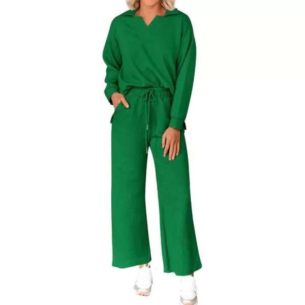 BTFBM Women 2 Piece Outfit 2024 Fall Winter Lapel V Neck Long Sleeve Pullover and Wide Leg Pants Lounge Sets PocketsSolid Green