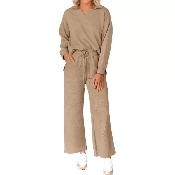 BTFBM Women 2 Piece Outfit 2024 Fall Winter Lapel V Neck Long Sleeve Pullover and Wide Leg Pants Lounge Sets PocketsSolid Khaki