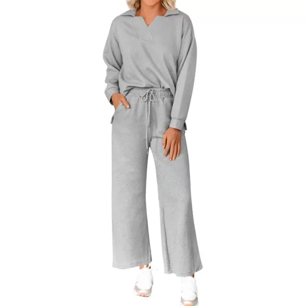BTFBM Women 2 Piece Outfit 2024 Fall Winter Lapel V Neck Long Sleeve Pullover and Wide Leg Pants Lounge Sets PocketsSolid Light Grey