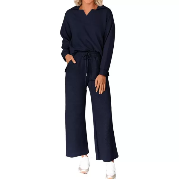 BTFBM Women 2 Piece Outfit 2024 Fall Winter Lapel V Neck Long Sleeve Pullover and Wide Leg Pants Lounge Sets PocketsSolid Navy