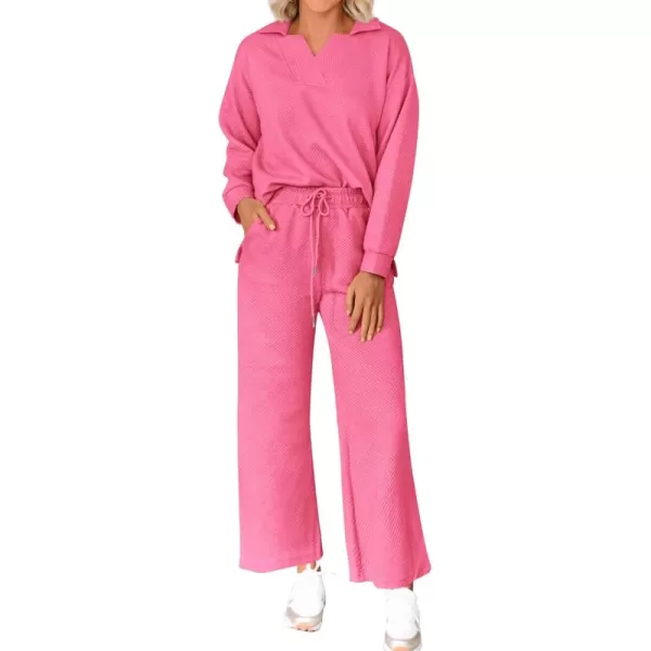 BTFBM Women 2 Piece Outfit 2024 Fall Winter Lapel V Neck Long Sleeve Pullover and Wide Leg Pants Lounge Sets PocketsSolid Pink