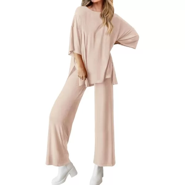 BTFBM Women 2 Piece Outfits Casual Loose Slit Short Sleeve Top Wide Leg Pants Matching Lounge Sets Tracksuit With PocketSolid Beige