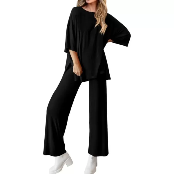 BTFBM Women 2 Piece Outfits Casual Loose Slit Short Sleeve Top Wide Leg Pants Matching Lounge Sets Tracksuit With PocketSolid Black