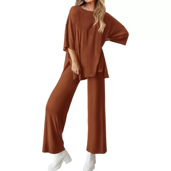 BTFBM Women 2 Piece Outfits Casual Loose Slit Short Sleeve Top Wide Leg Pants Matching Lounge Sets Tracksuit With PocketSolid Brown