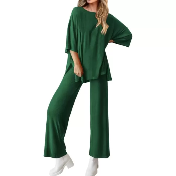 BTFBM Women 2 Piece Outfits Casual Loose Slit Short Sleeve Top Wide Leg Pants Matching Lounge Sets Tracksuit With PocketSolid Dark Green