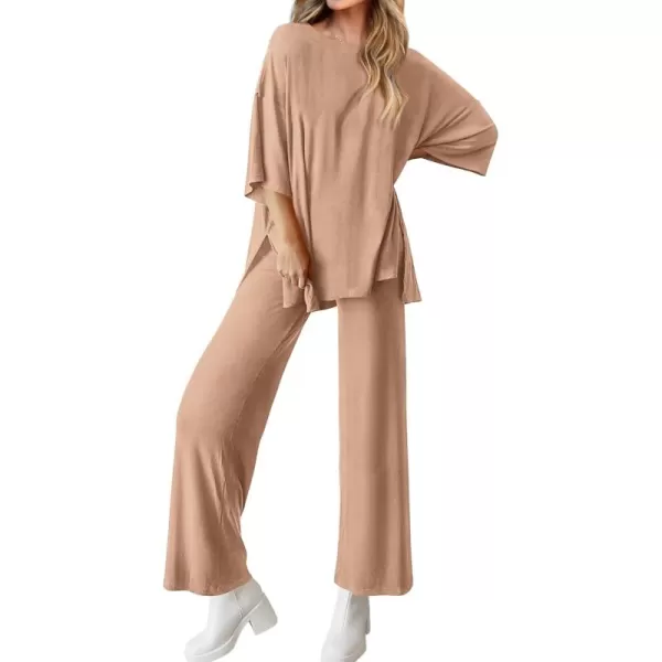 BTFBM Women 2 Piece Outfits Casual Loose Slit Short Sleeve Top Wide Leg Pants Matching Lounge Sets Tracksuit With PocketSolid Khaki