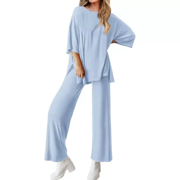 BTFBM Women 2 Piece Outfits Casual Loose Slit Short Sleeve Top Wide Leg Pants Matching Lounge Sets Tracksuit With PocketSolid Light Blue