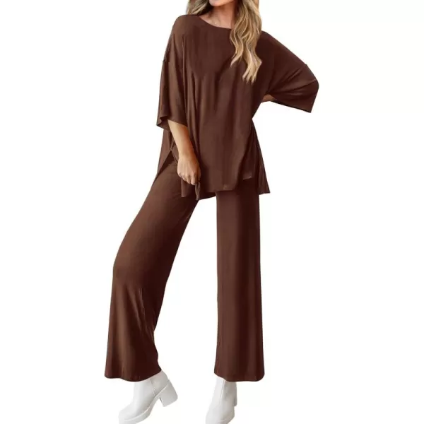 BTFBM Women 2 Piece Outfits Casual Loose Slit Short Sleeve Top Wide Leg Pants Matching Lounge Sets Tracksuit With PocketSolid Light Coffee