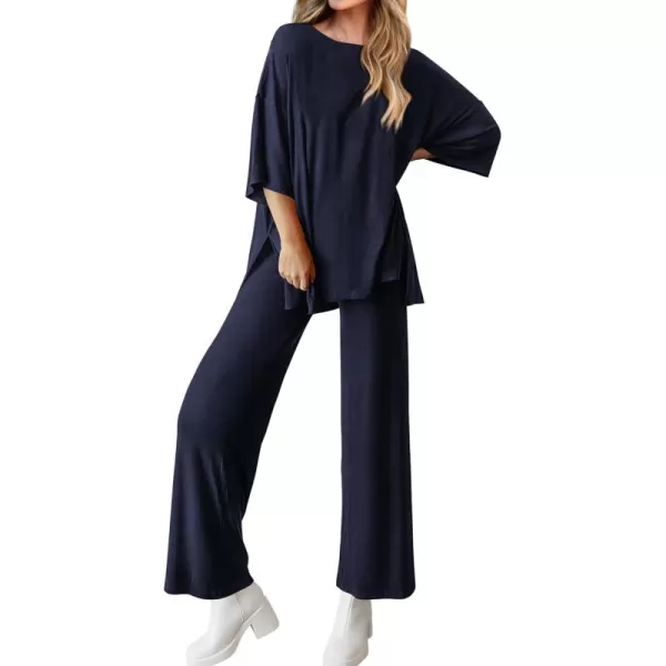 BTFBM Women 2 Piece Outfits Casual Loose Slit Short Sleeve Top Wide Leg Pants Matching Lounge Sets Tracksuit With PocketSolid Navy