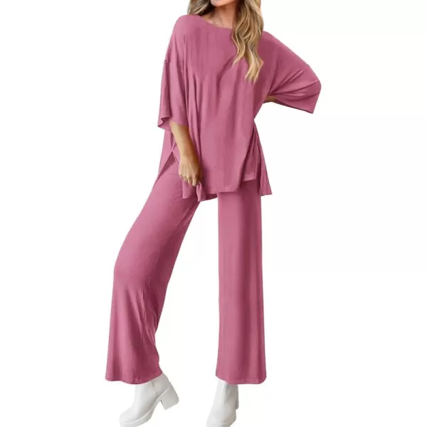 BTFBM Women 2 Piece Outfits Casual Loose Slit Short Sleeve Top Wide Leg Pants Matching Lounge Sets Tracksuit With PocketSolid Pink