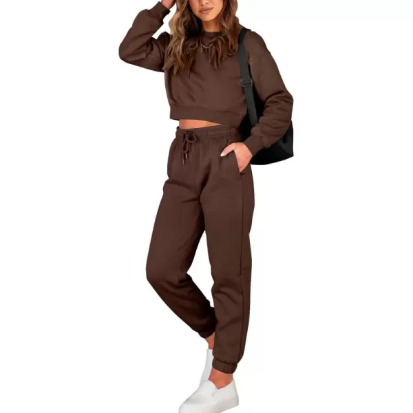 BTFBM Women 2 Piece Outfits Long Sleeve Crop Top Pullover Drawstring Pant Jogger Set Casual Sweatsuits Tracksuit PocketsSolid Coffee