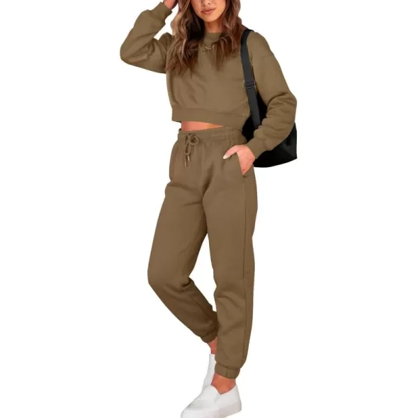 BTFBM Women 2 Piece Outfits Long Sleeve Crop Top Pullover Drawstring Pant Jogger Set Casual Sweatsuits Tracksuit PocketsSolid Dark Khaki
