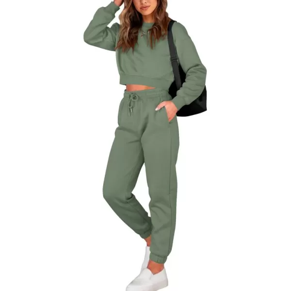 BTFBM Women 2 Piece Outfits Long Sleeve Crop Top Pullover Drawstring Pant Jogger Set Casual Sweatsuits Tracksuit PocketsSolid Green