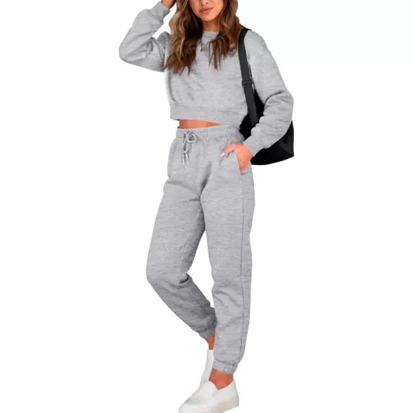 BTFBM Women 2 Piece Outfits Long Sleeve Crop Top Pullover Drawstring Pant Jogger Set Casual Sweatsuits Tracksuit PocketsSolid Grey