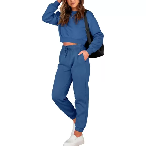 BTFBM Women 2 Piece Outfits Long Sleeve Crop Top Pullover Drawstring Pant Jogger Set Casual Sweatsuits Tracksuit PocketsSolid Lake Blue