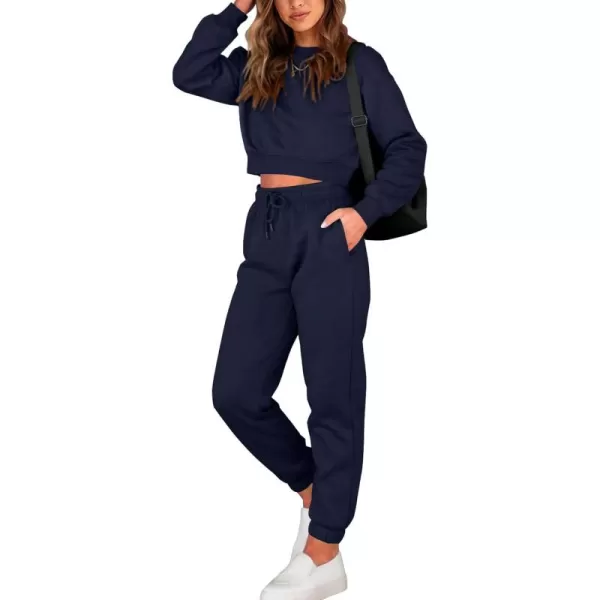 BTFBM Women 2 Piece Outfits Long Sleeve Crop Top Pullover Drawstring Pant Jogger Set Casual Sweatsuits Tracksuit PocketsSolid Navy
